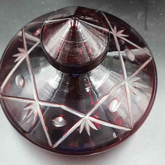 Vintage Bohemian Czech Ruby Red Cut to Clear Glass Canister Jar with Lid 9" tall - Picture 9 of 11